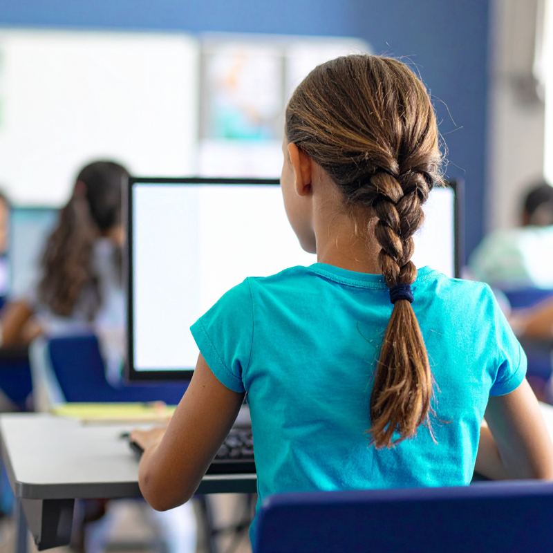 Schoolchild seen from behind with computer