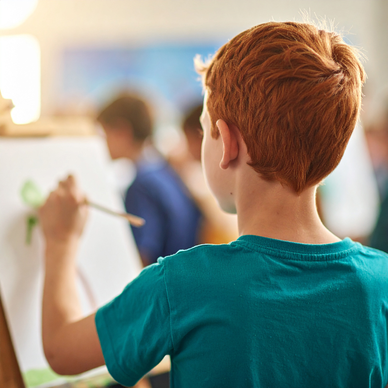 Schoolchild drawing a picture from behind in art class
