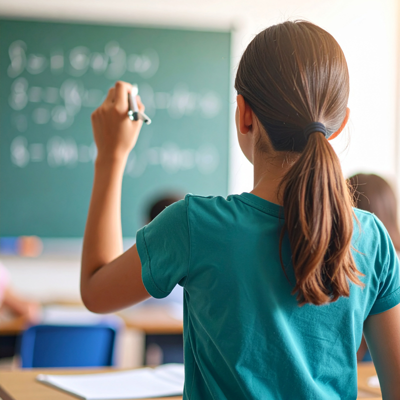 Schoolchild doing maths problems from behind