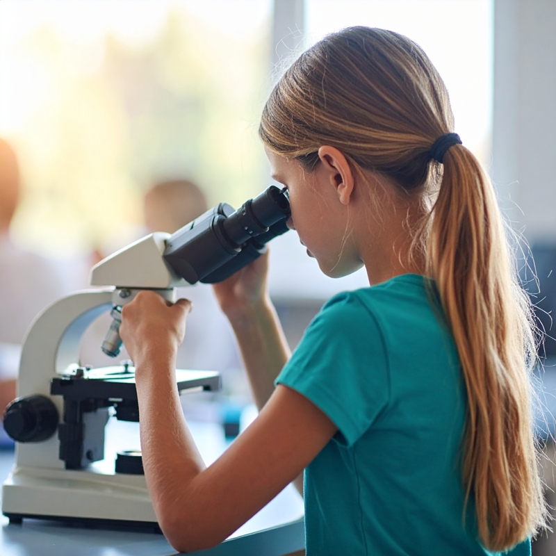 Schoolgirl looking through a microscope